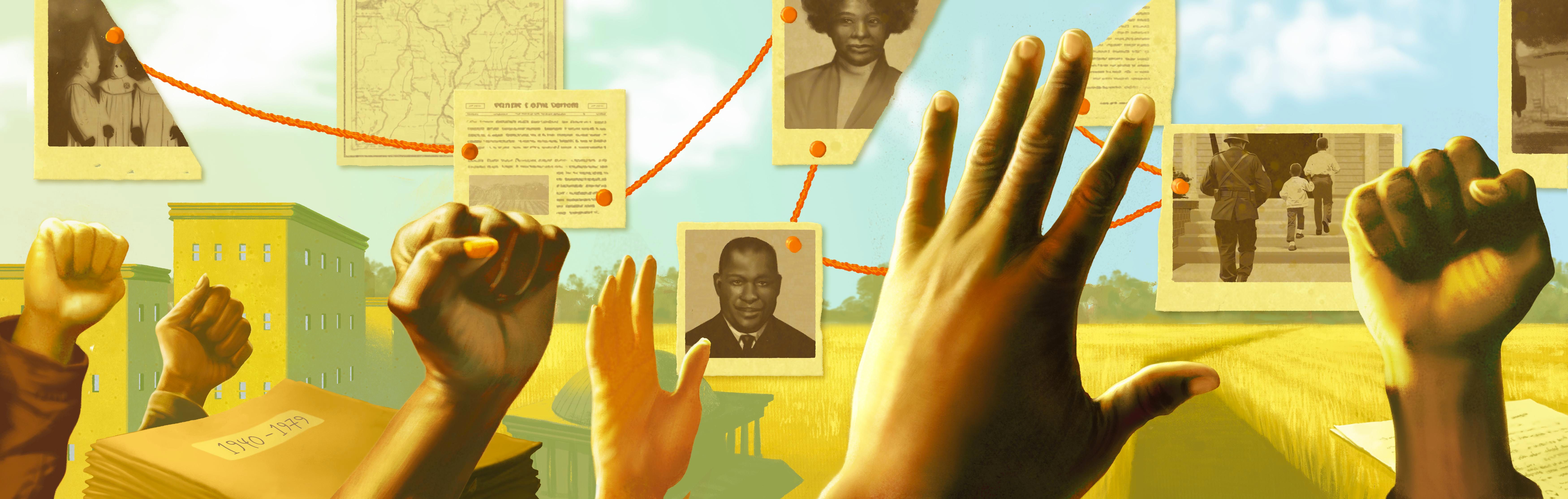 A mural depicts hands raised against a warm sky with images that evoke civil-rights era figures.