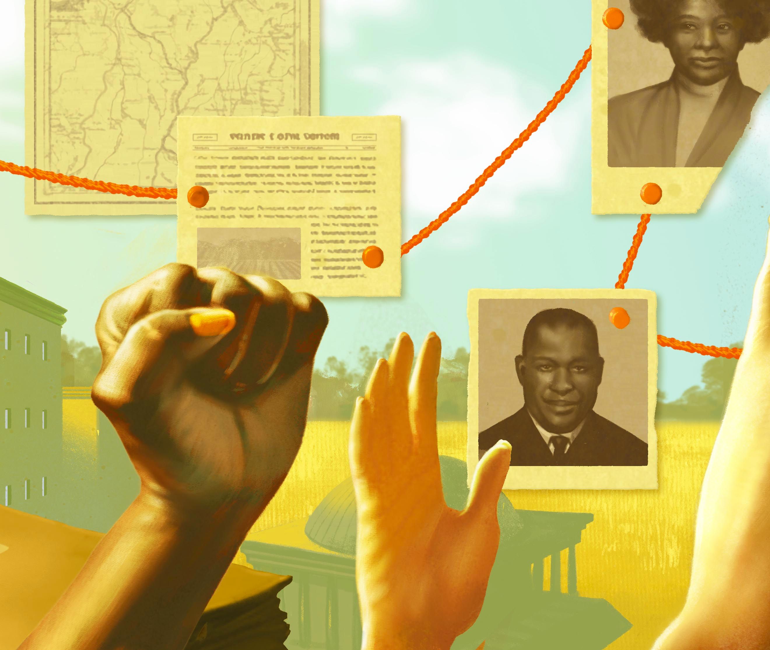 A mural depicts hands raised against a warm sky with images that evoke civil-rights era figures.